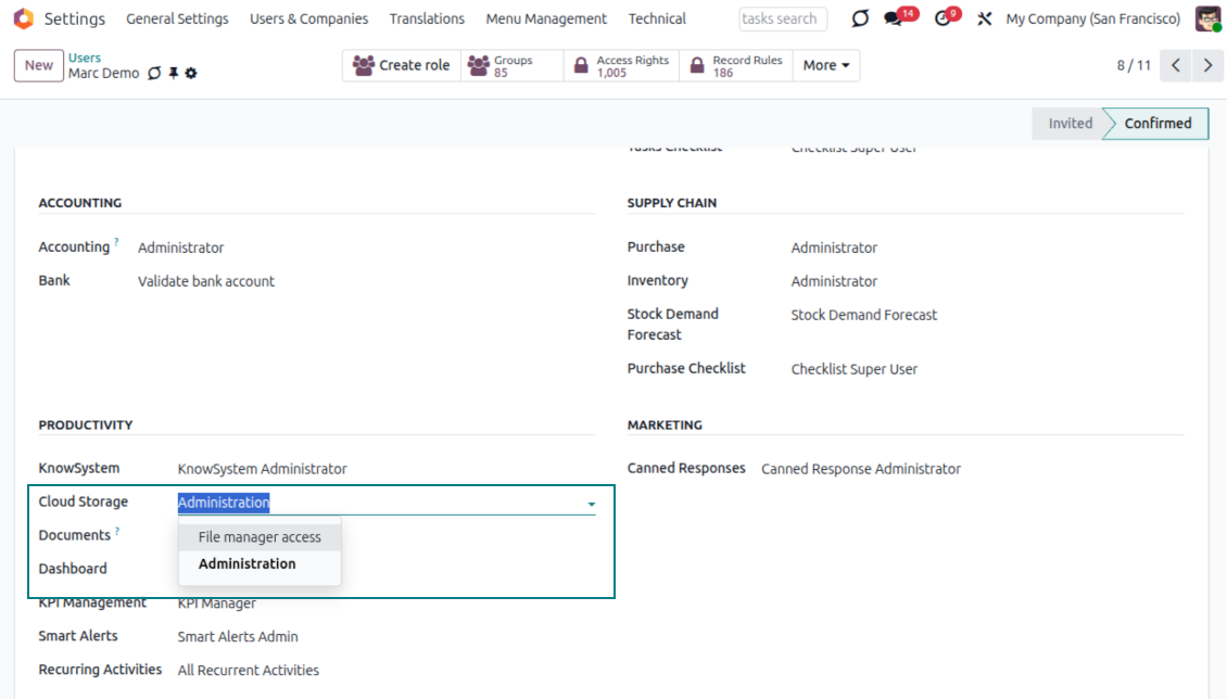 Odoo Cloud Storage access rights showing user groups for file manager and administration control
