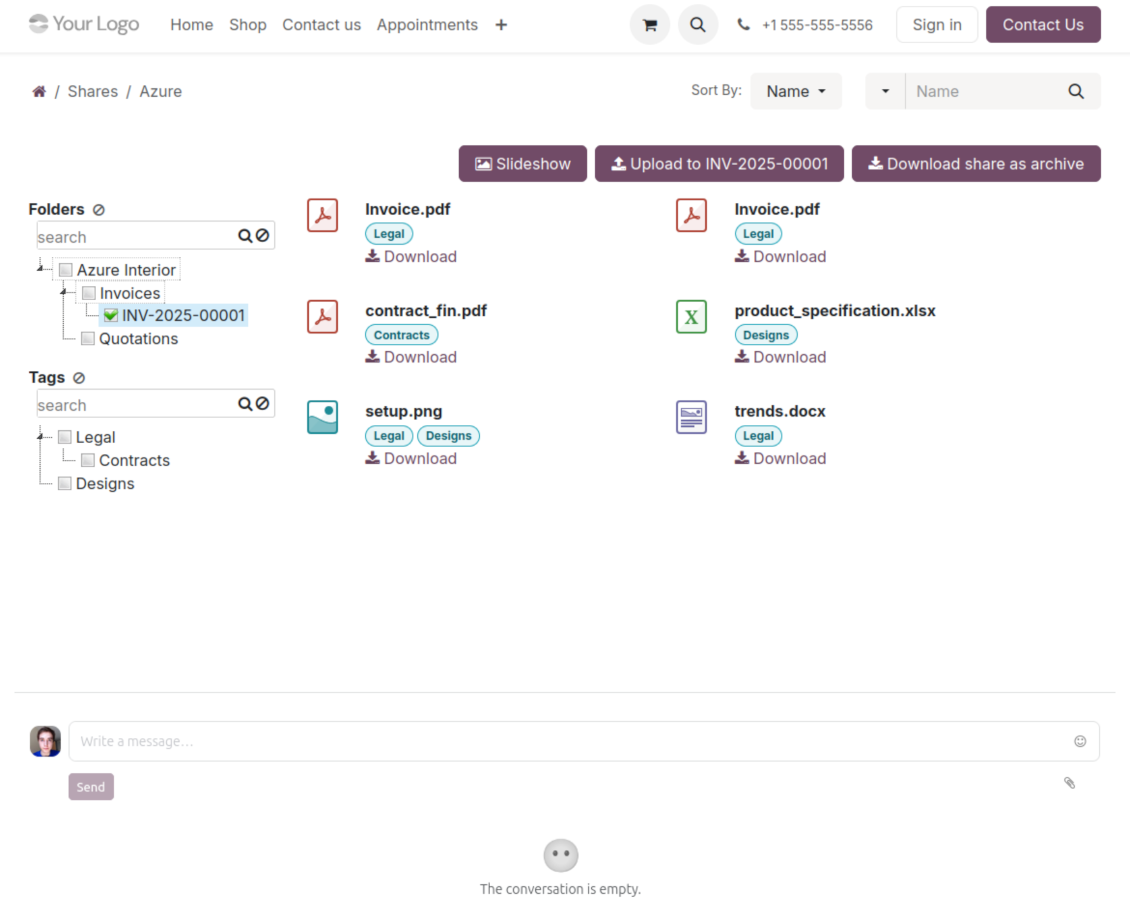Odoo portal sharing screen for files, folders, and tags with controlled downloads and uploads