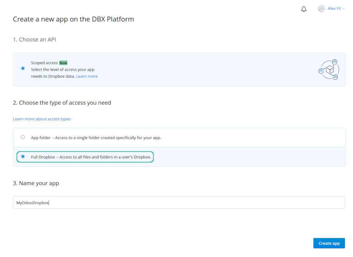 Dropbox API app to connect to Odoo