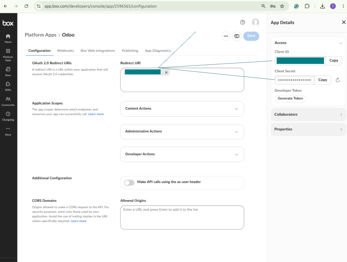 Copy the Box OAuth 2.0 client ID and client secret and set the redirect URI for Odoo