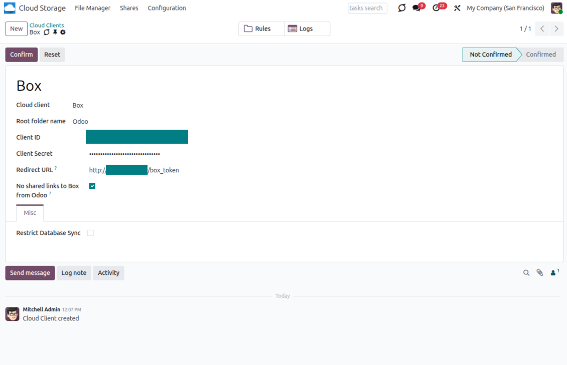Enter the Box client ID, client secret and redirect URL in the Odoo cloud client configuration