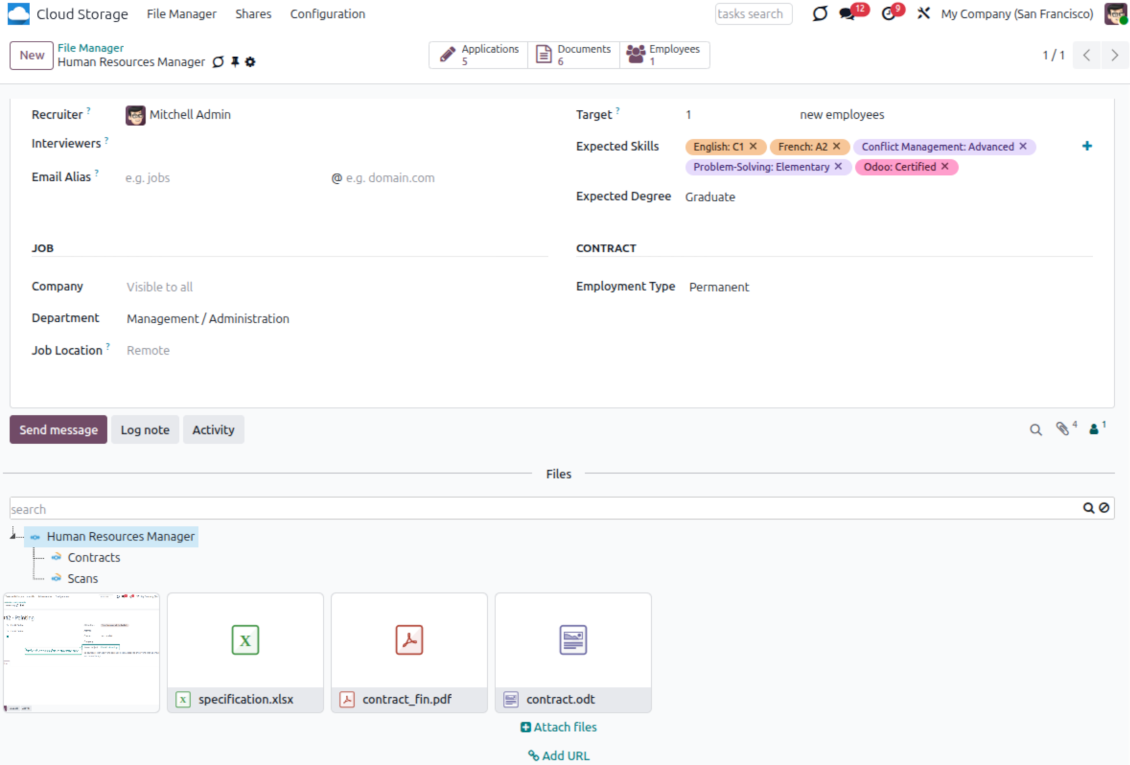 Odoo attachment box showing files synchronized with ownCloud or Nextcloud for self-hosted document storage