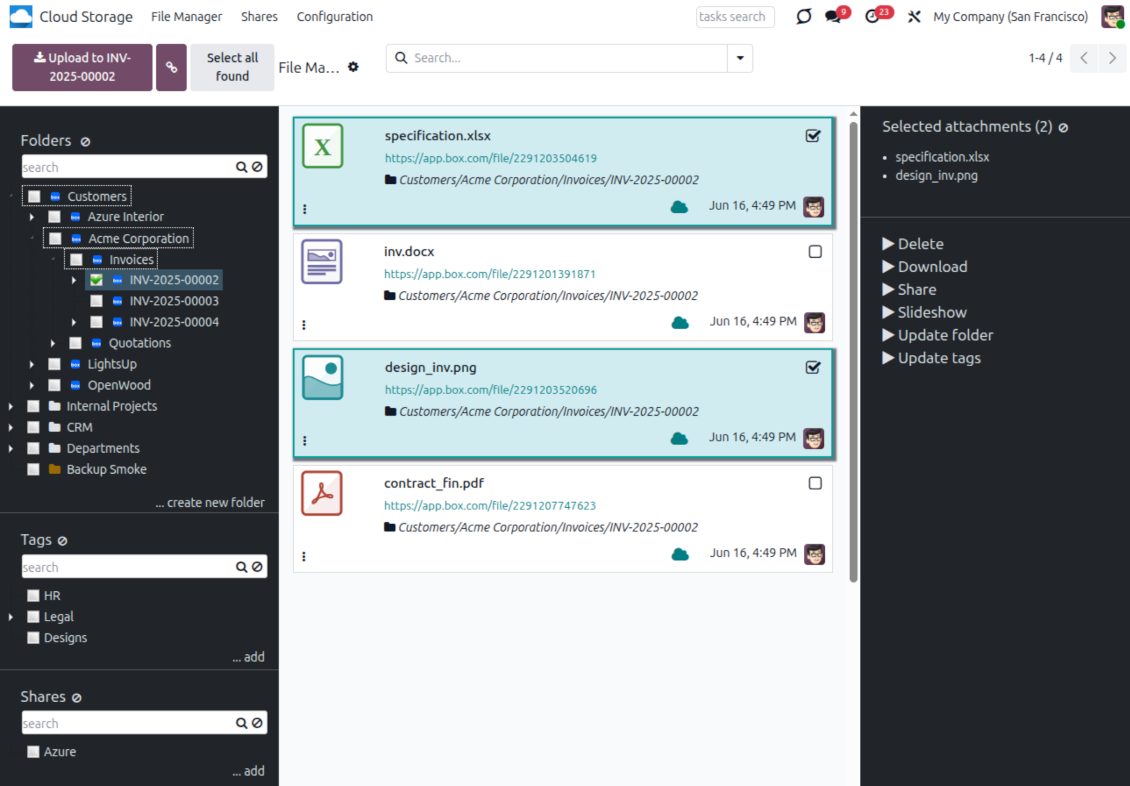Browse and select Box-synced files in Odoo File Manager with folders, tags, shares and attachment actions