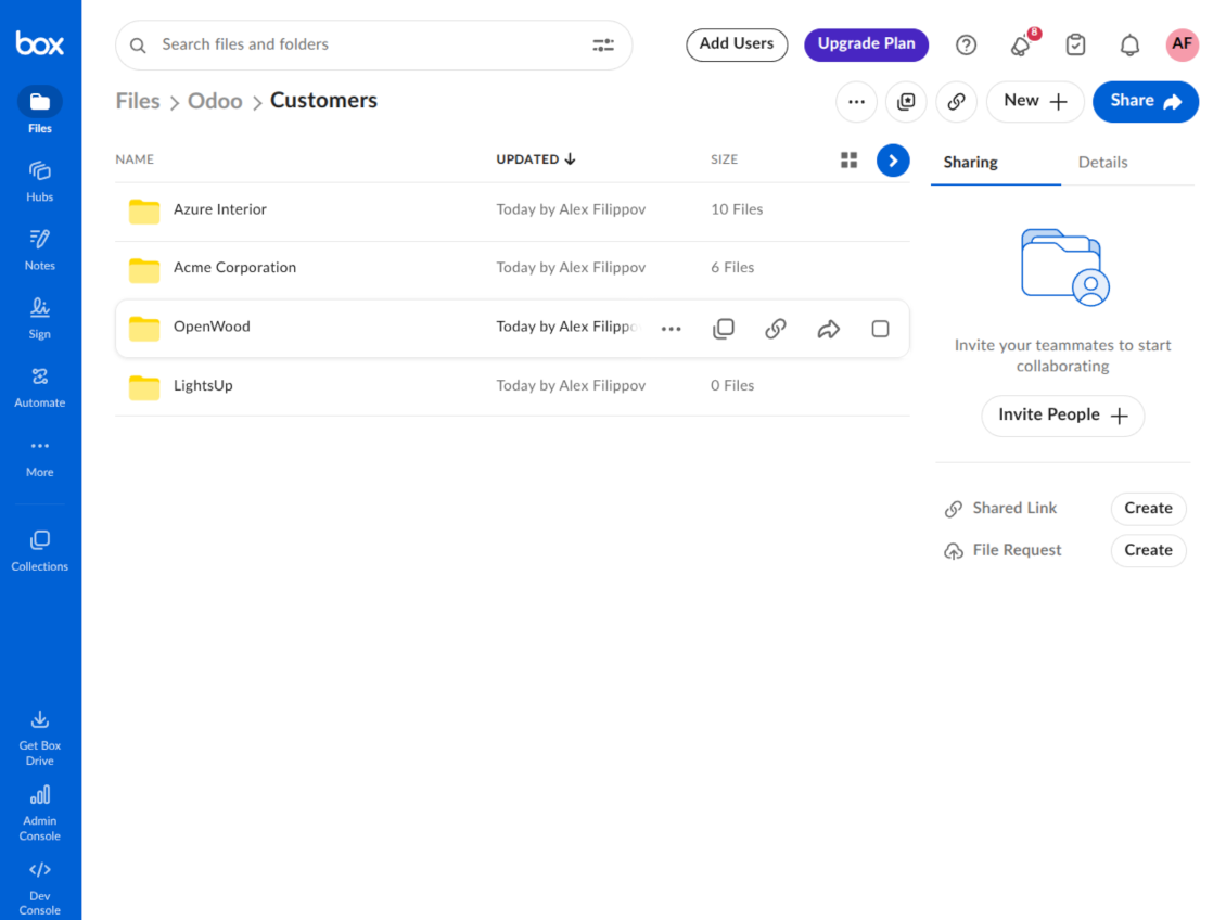 Box folder hierarchy created by Odoo with subfolders