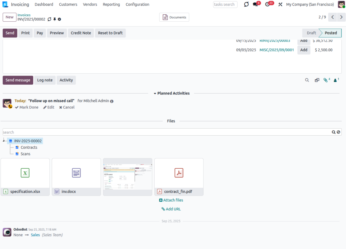 Odoo record form showing Box-synced folders and attachments available from the attachment panel