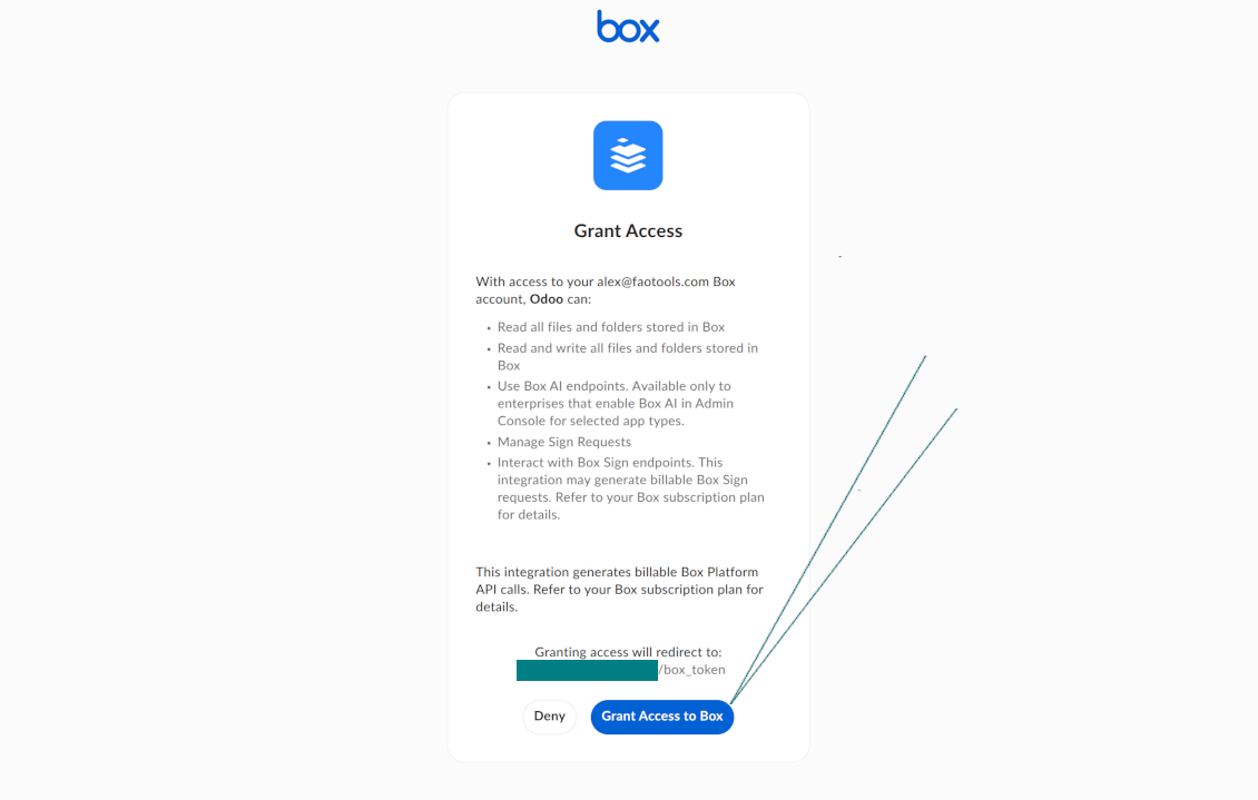 Authorize Odoo in Box to read and write files and folders through the integration