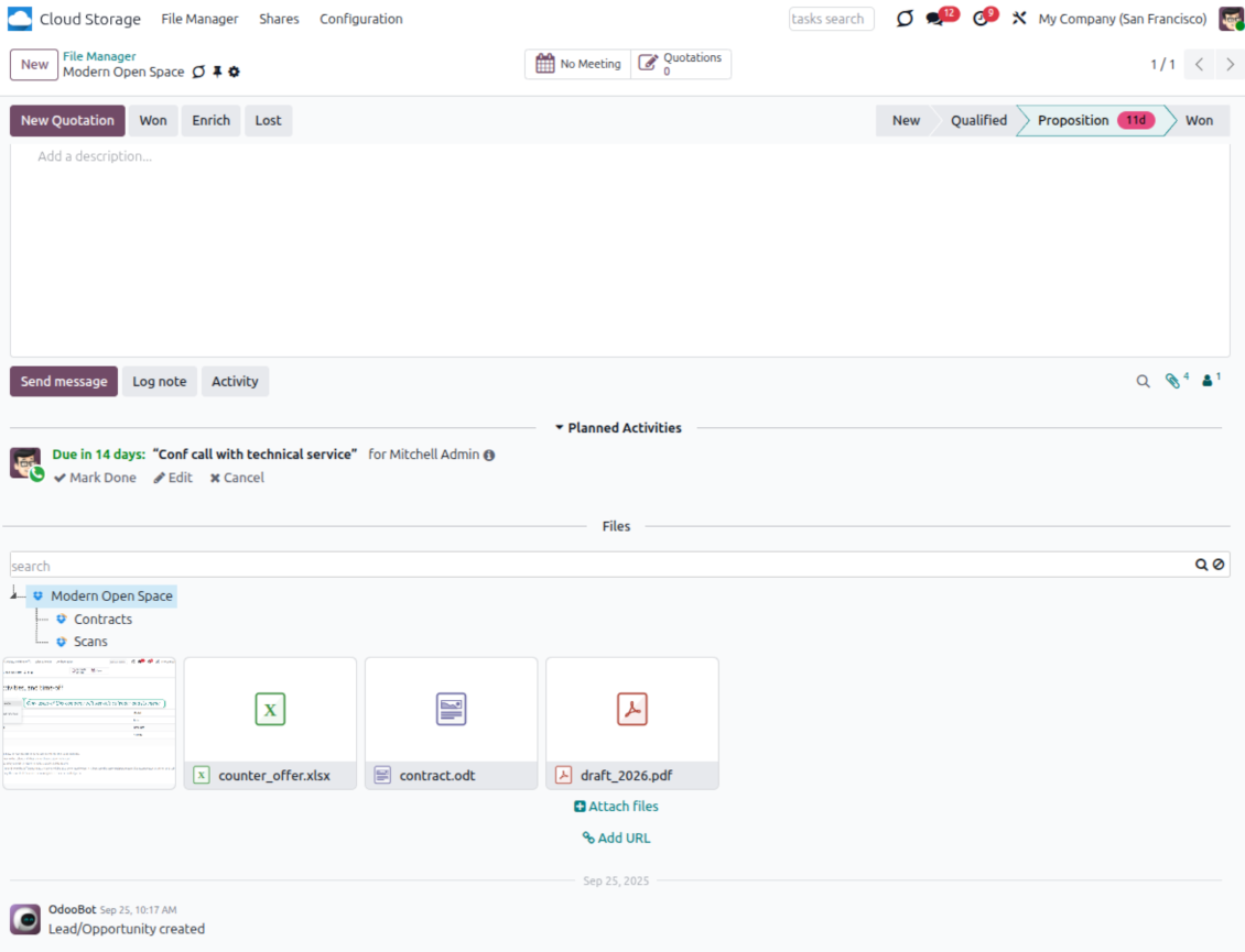 Odoo attachment box showing Dropbox-synced files and folders available from Odoo records
