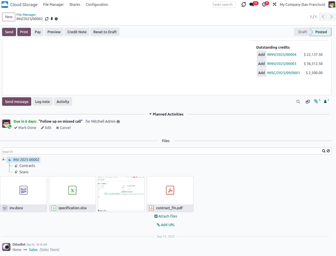 Odoo attachment box showing Google Drive-synced folders and files available from Odoo records