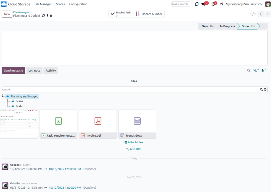 Odoo attachment box showing OneDrive and SharePoint-synced folders and files available from Odoo records