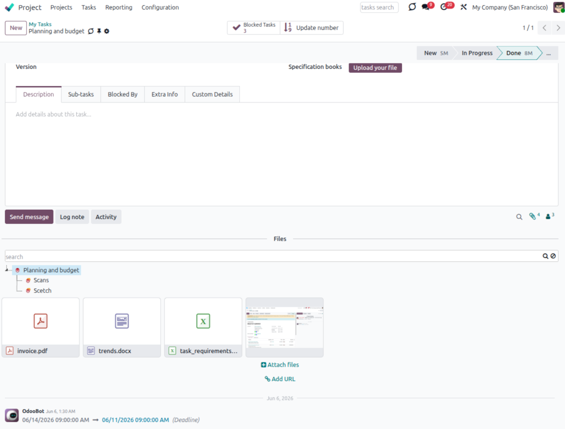 Odoo attachment box showing files synchronized with a MinIO S3 bucket from Odoo records