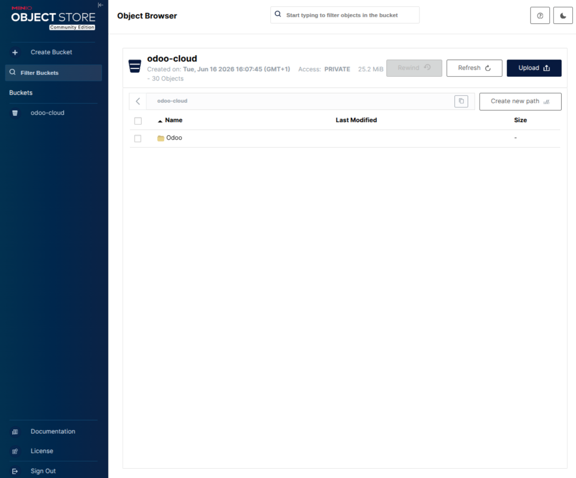 Odoo's root folder is in MinIO