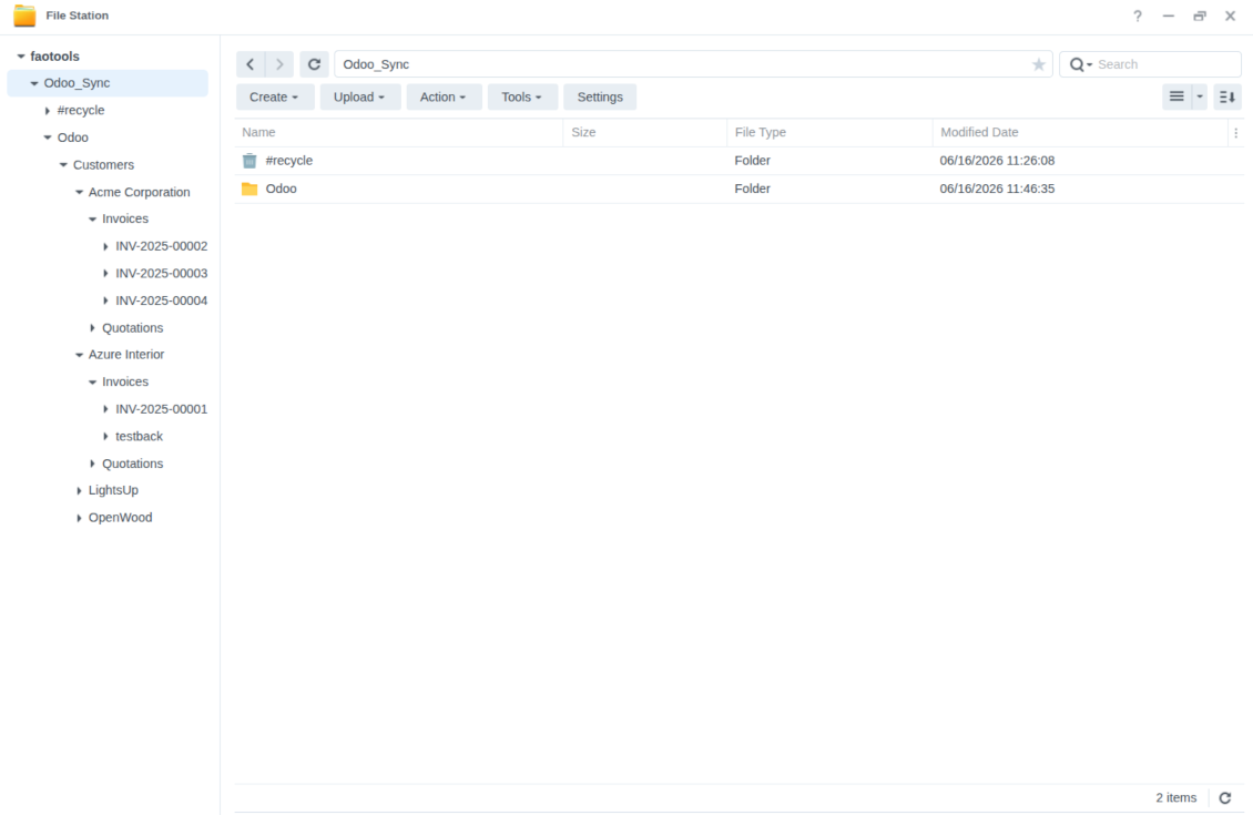 Odoo attachment box showing files synchronized with Synology QNAP TrueNAS or WebDAV NAS storage