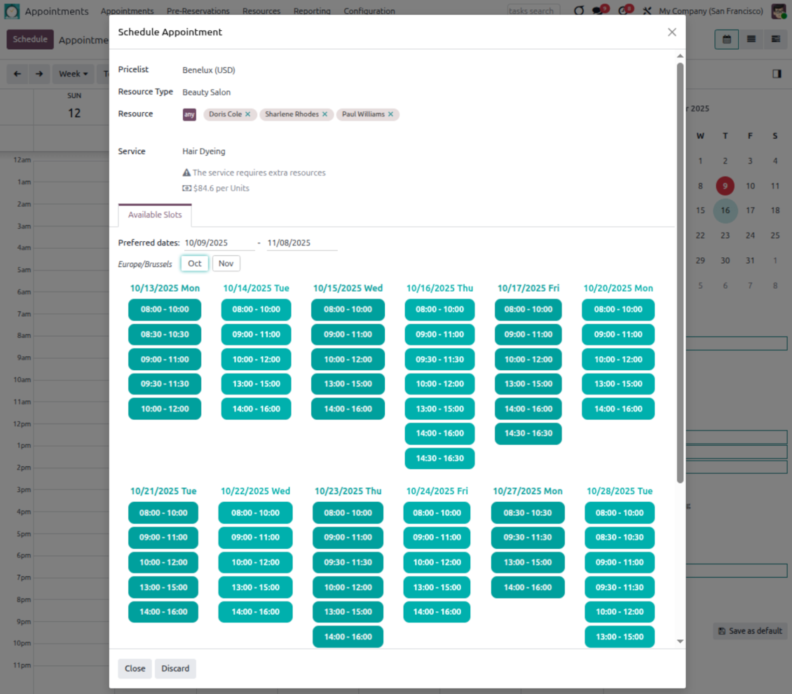 Odoo appointment wizard showing available time slots generated from resource calendars and service rules