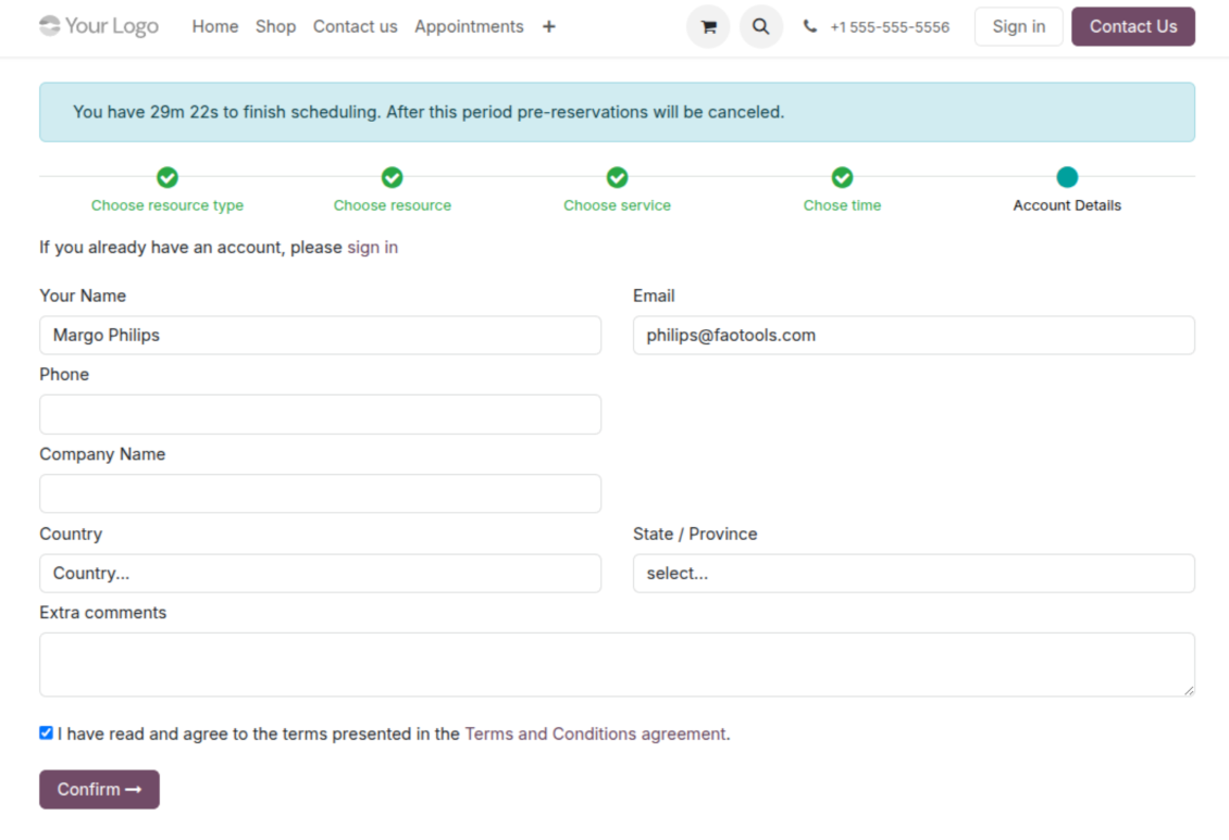 Odoo reservation contact details