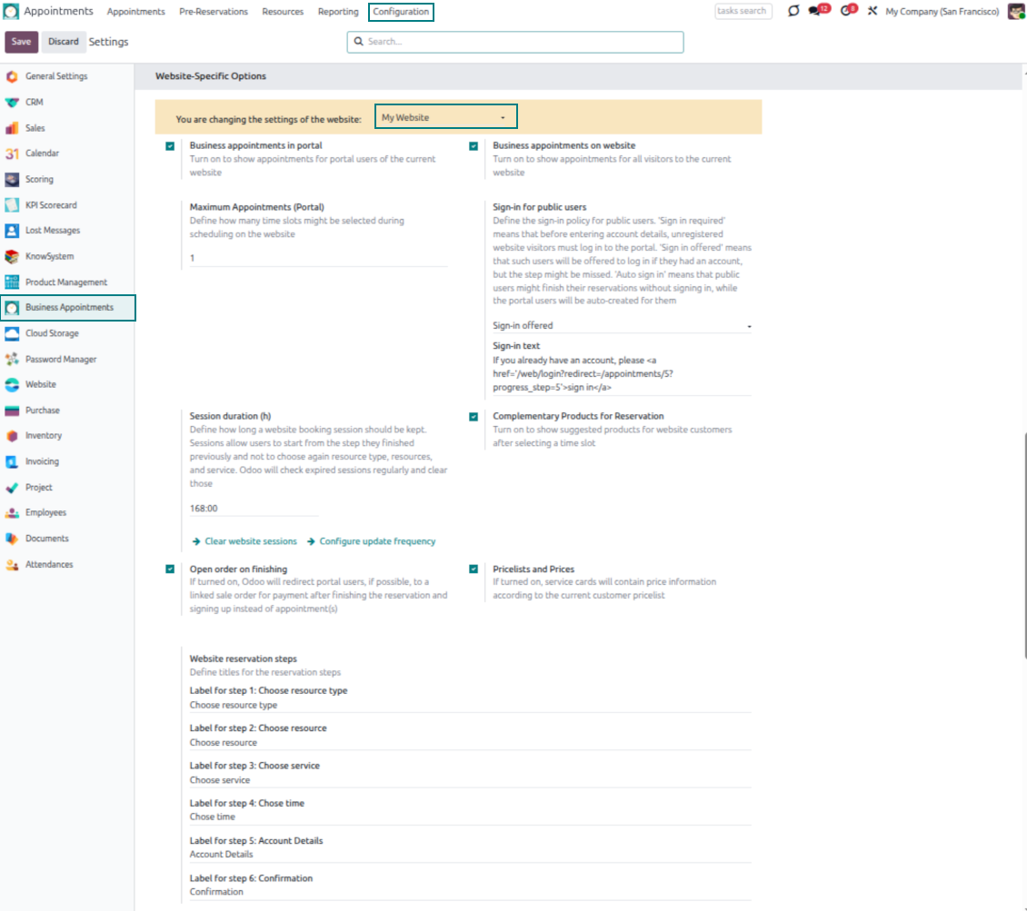 The configuration page: Odoo website-specific options (part 1)