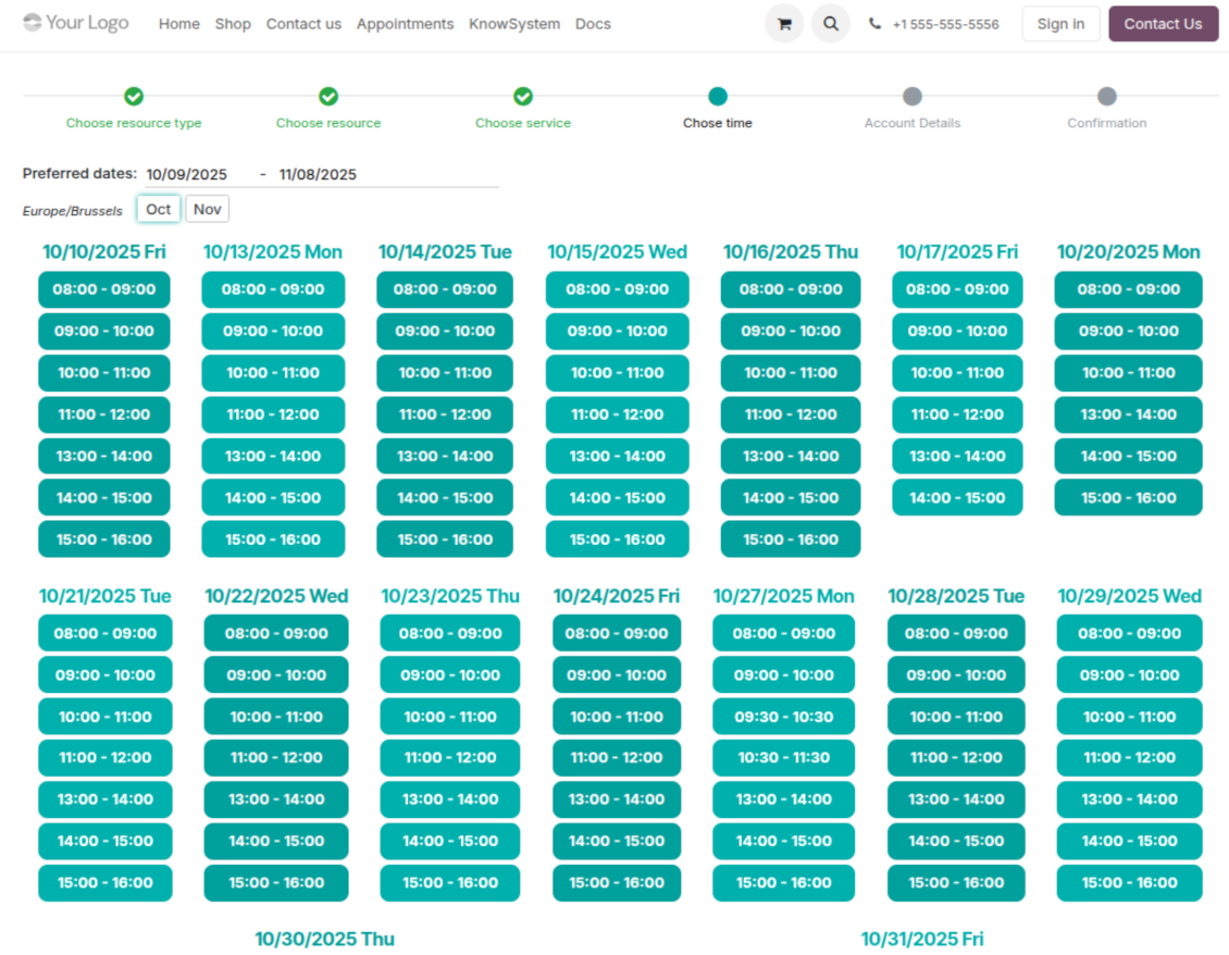 Website time slot booking page