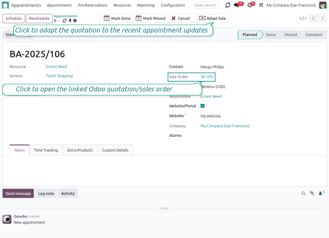 Appointment and Odoo sale order relation