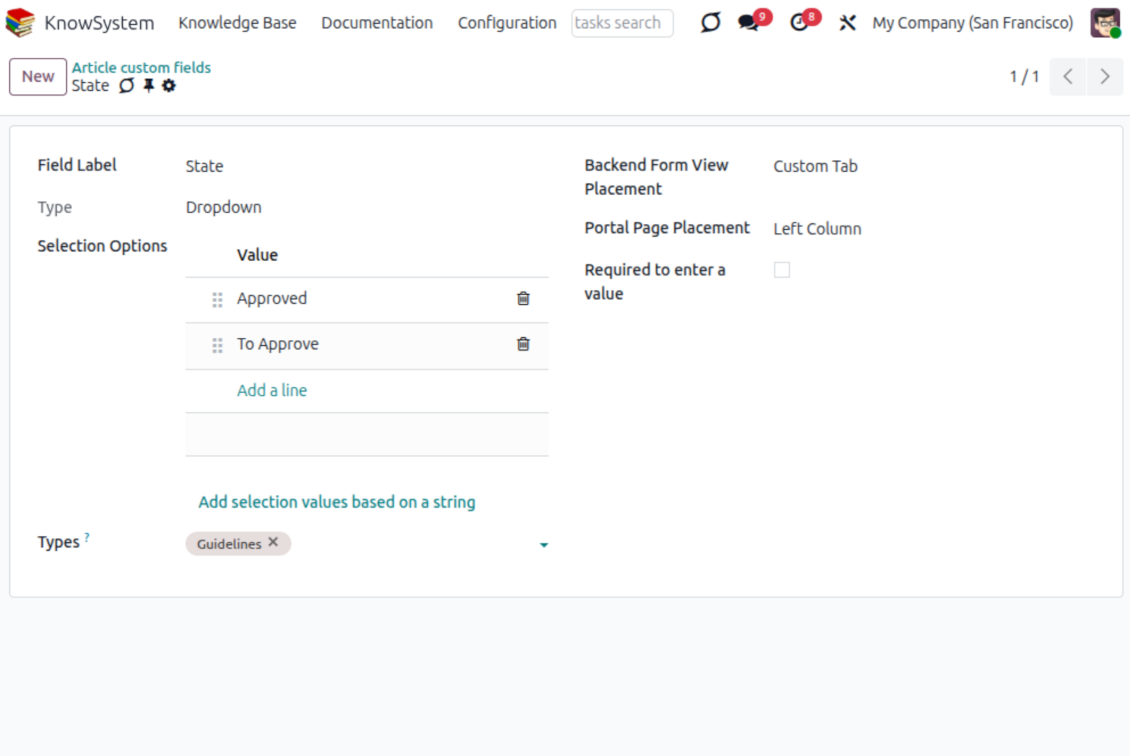 KnowSystem article form with configurable custom attributes for structured knowledge metadata