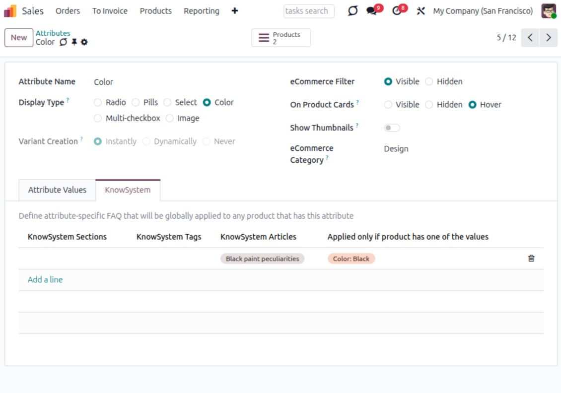 KnowSystem FAQ rules for Odoo product attributes and values to show variant-specific documentation