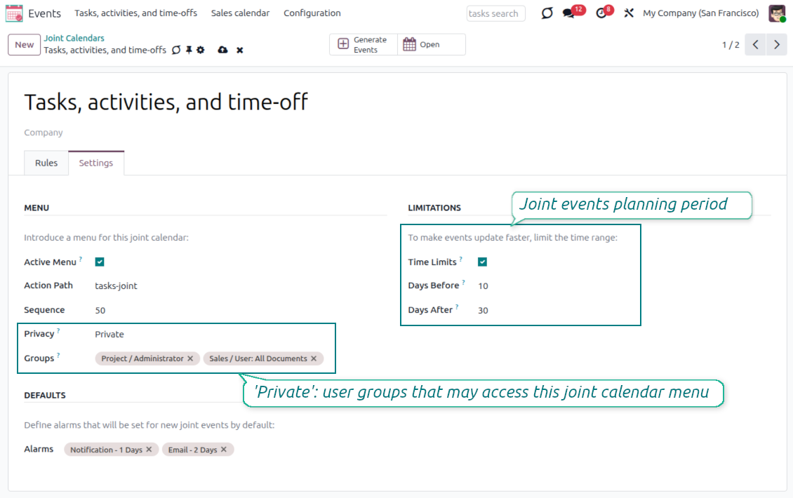 Joint Calendar settings showing shared calendar access, time limits, active menu, sequence, and reminder options