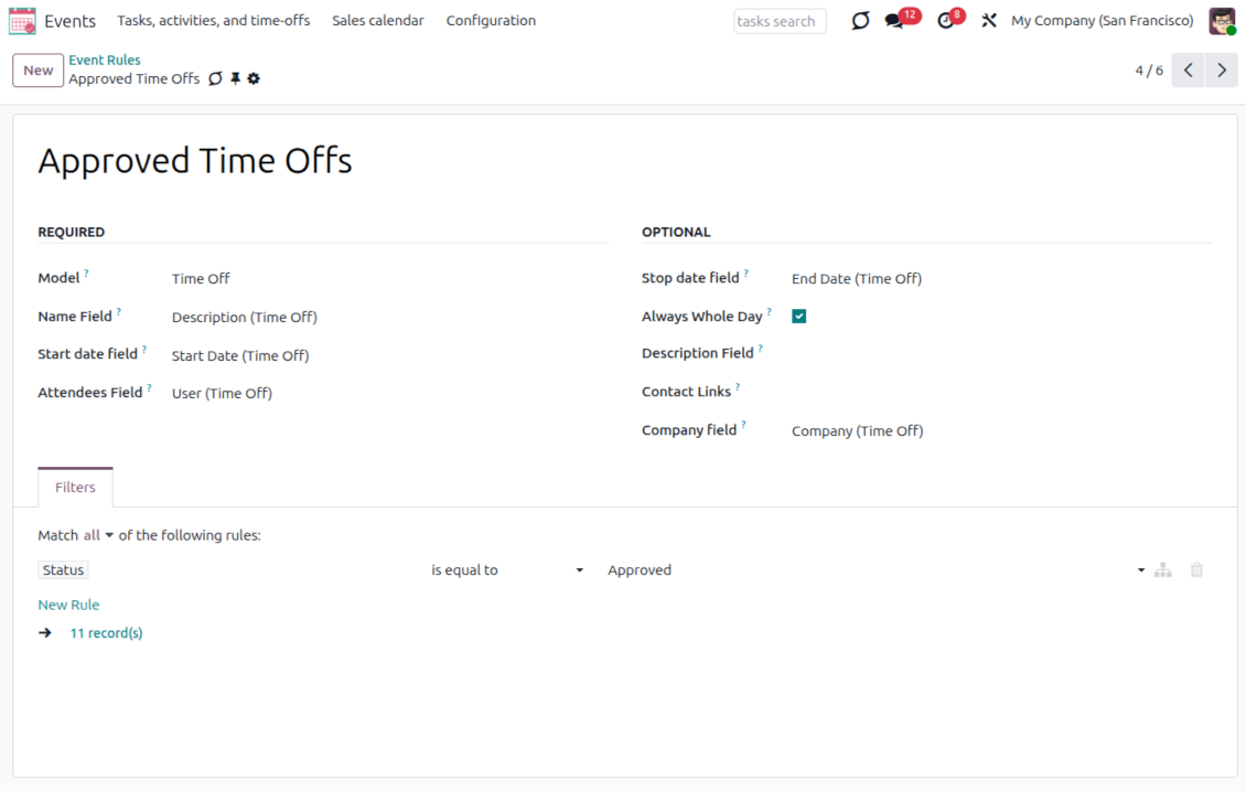 Joint Calendar rule example showing approved employee time off and leave periods on a shared Odoo calendar