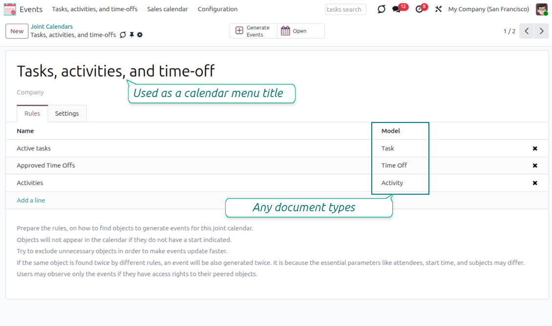 Joint Calendar rule list showing multiple document types available for a shared Odoo calendar