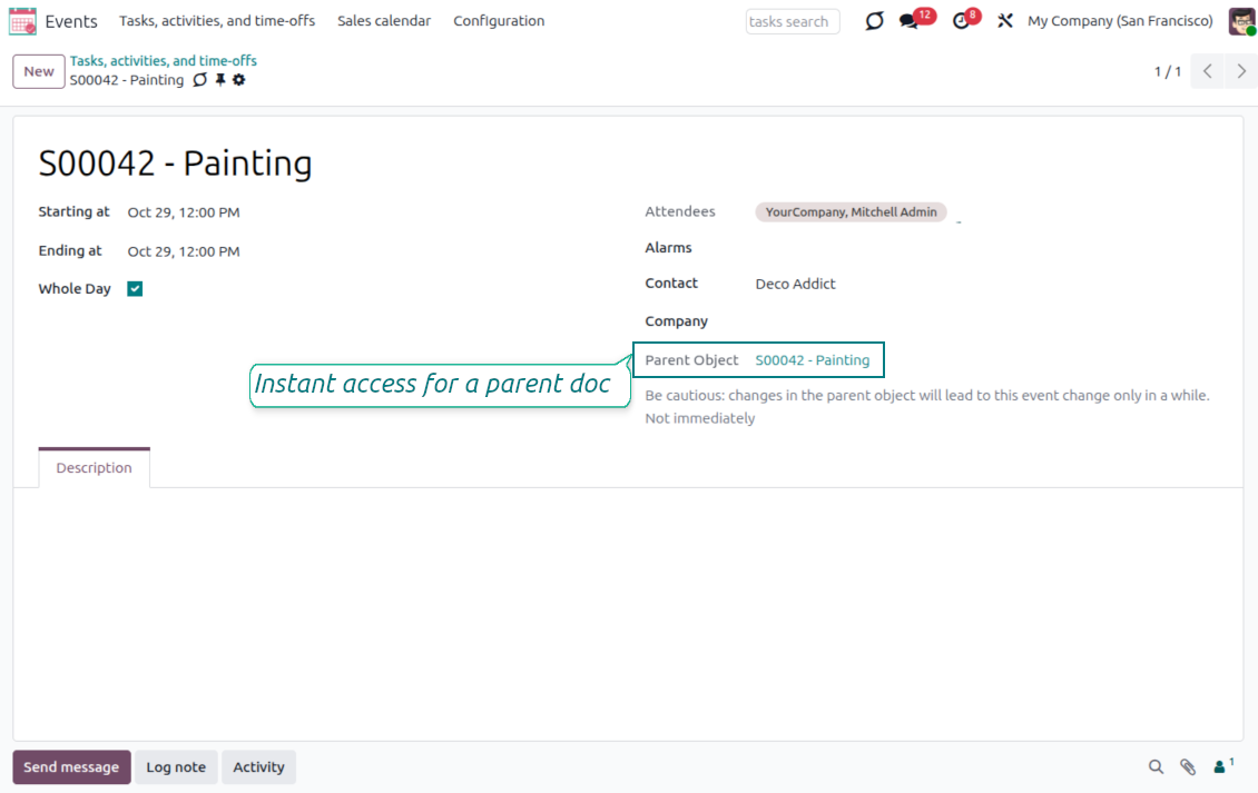 Joint Calendar event form showing the parent Odoo document link for instant access to source details
