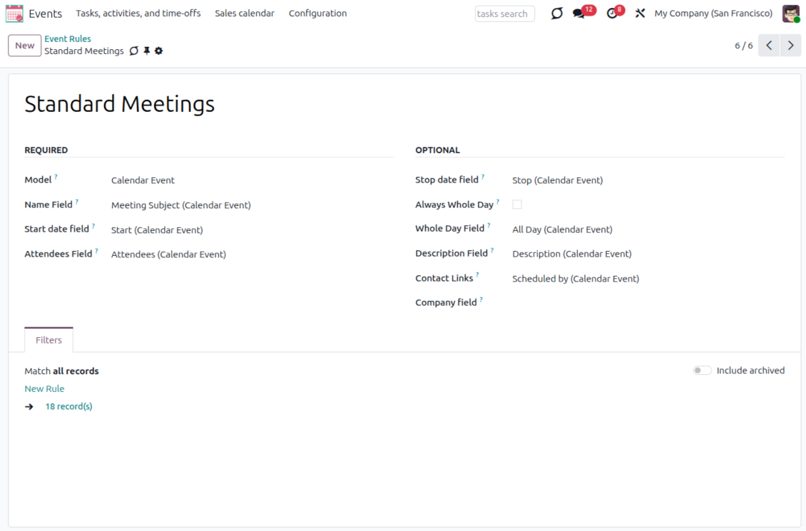 Joint Calendar rule example showing Odoo meetings mapped to shared calendar events with start and stop dates