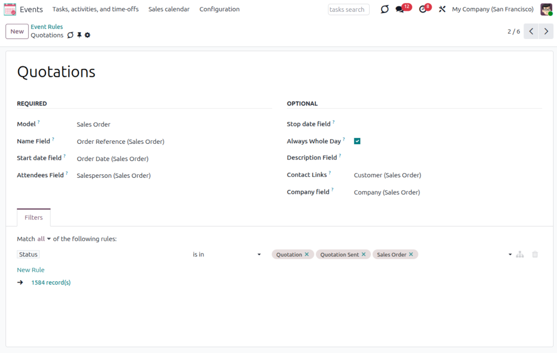 Joint Calendar rule example showing sales orders on an Odoo shared calendar with salesperson and customer fields