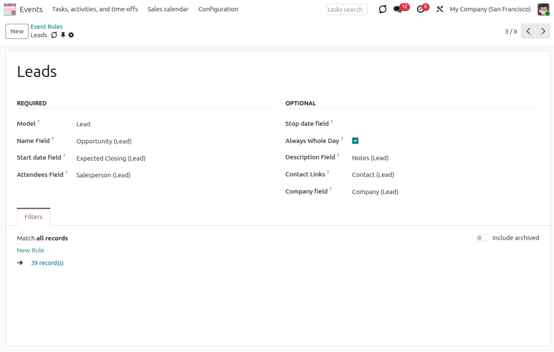 Joint Calendar rule example showing CRM opportunities mapped to an Odoo shared calendar with expected closing dates