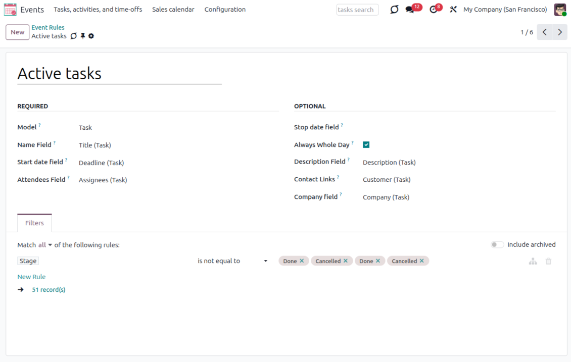 Joint Calendar rule example showing task deadlines and assignees as shared Odoo calendar events