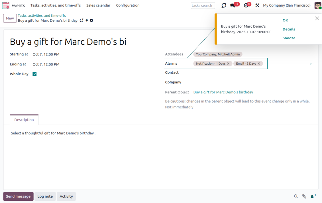 Joint Calendar reminder configuration showing pop-up and email alarms for shared Odoo events