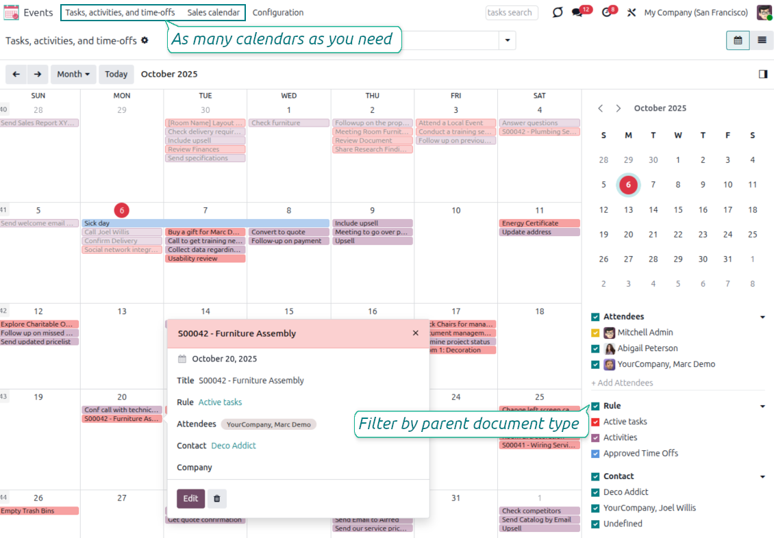 Joint Calendar app showing multiple Odoo document events in one shared calendar view