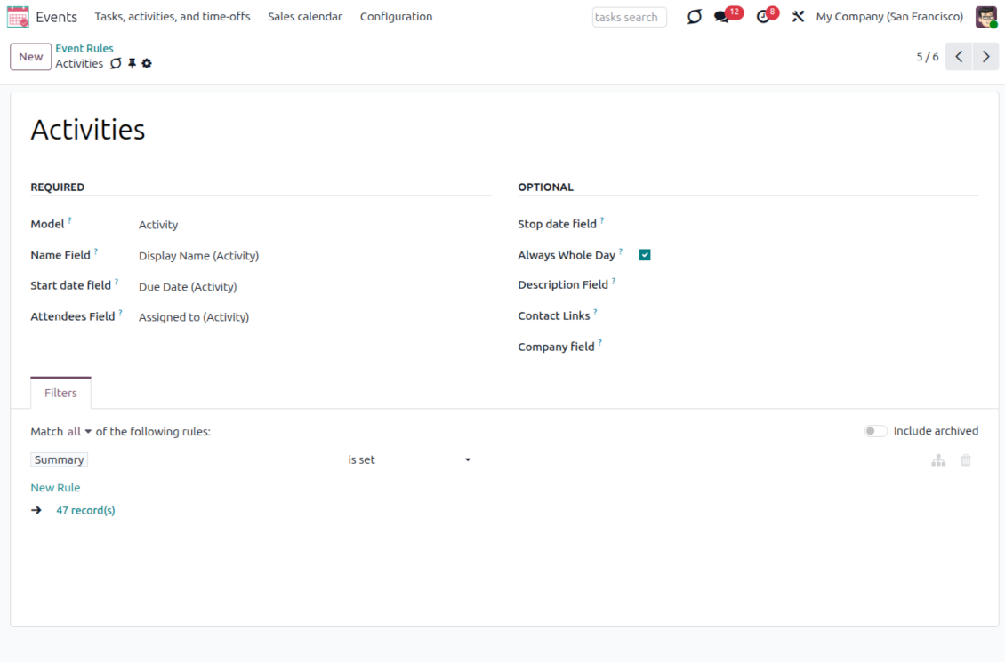 Joint Calendar rule example showing Odoo activities collected into a shared calendar by due date and assigned user