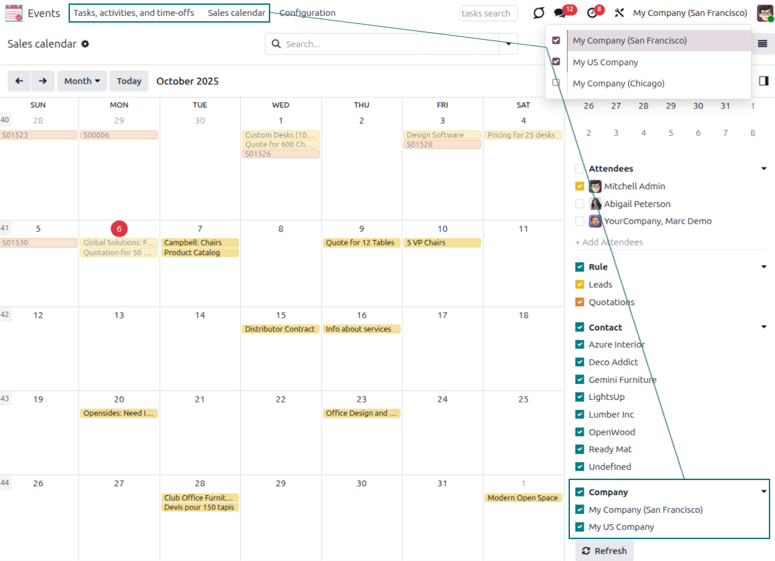 Joint Calendar multi-company screenshot showing shared calendar menus and records filtered by available Odoo companies