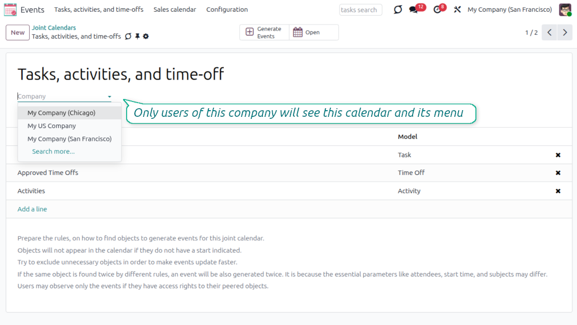 Joint Calendar settings showing how to assign a shared calendar to a specific Odoo company in a multi-company database