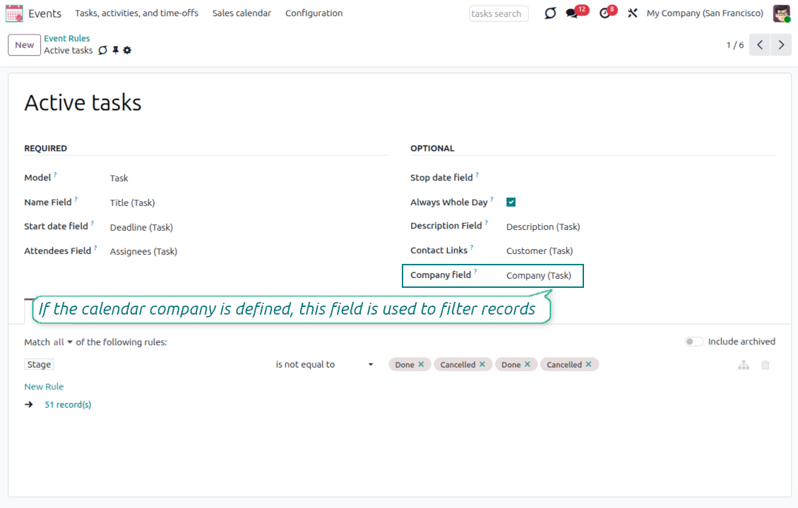 Joint Calendar multi-company rule showing how source records are filtered by the selected calendar company
