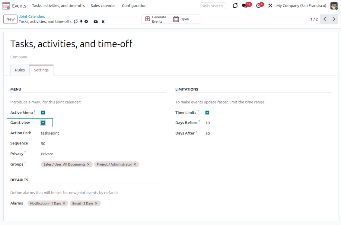 Joint Calendar Gantt showing tasks, time off, orders, and other Odoo records on one Enterprise Gantt timeline