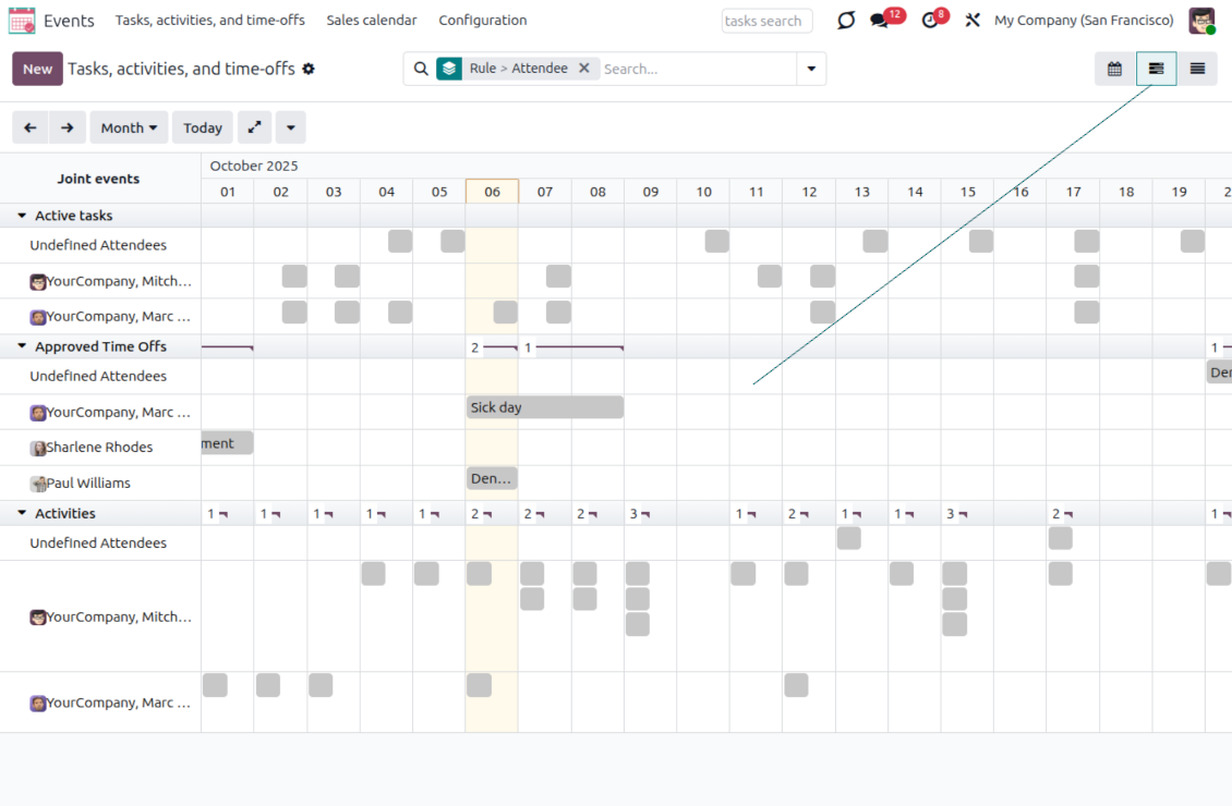 Joint Calendar Gantt setting showing how to enable the Enterprise Gantt view for one shared Odoo calendar