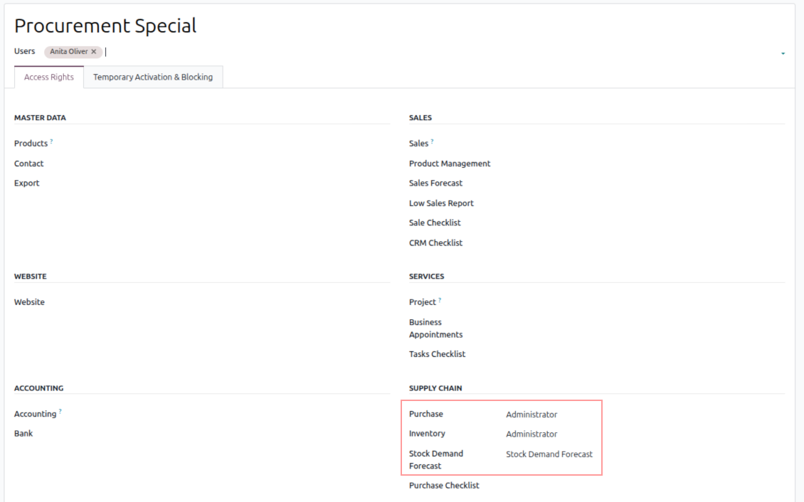 Odoo security role update applying access rights to multiple users