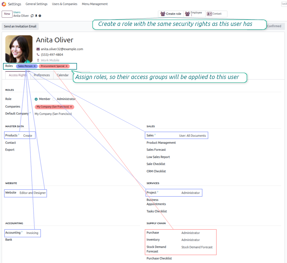Odoo user form showing security roles that simplify access group management