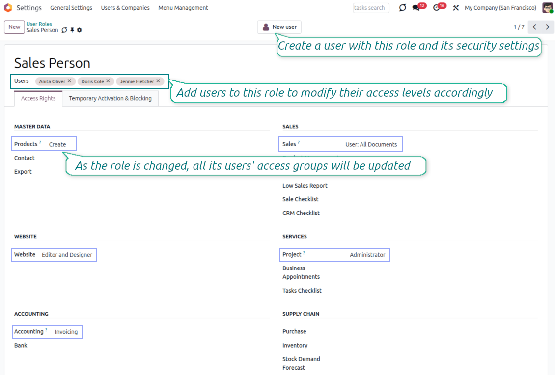 Security role form combining Odoo access groups for repeated use
