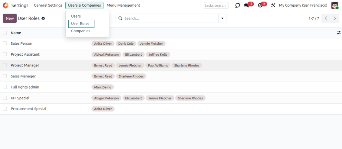 Security User Roles overview showing reusable Odoo roles built from user permissions