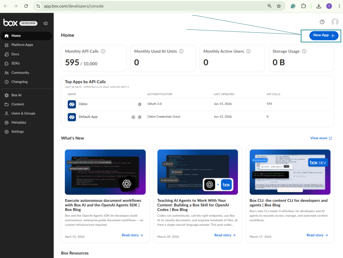 Create a new application in the Box Developer Console for the Odoo integration