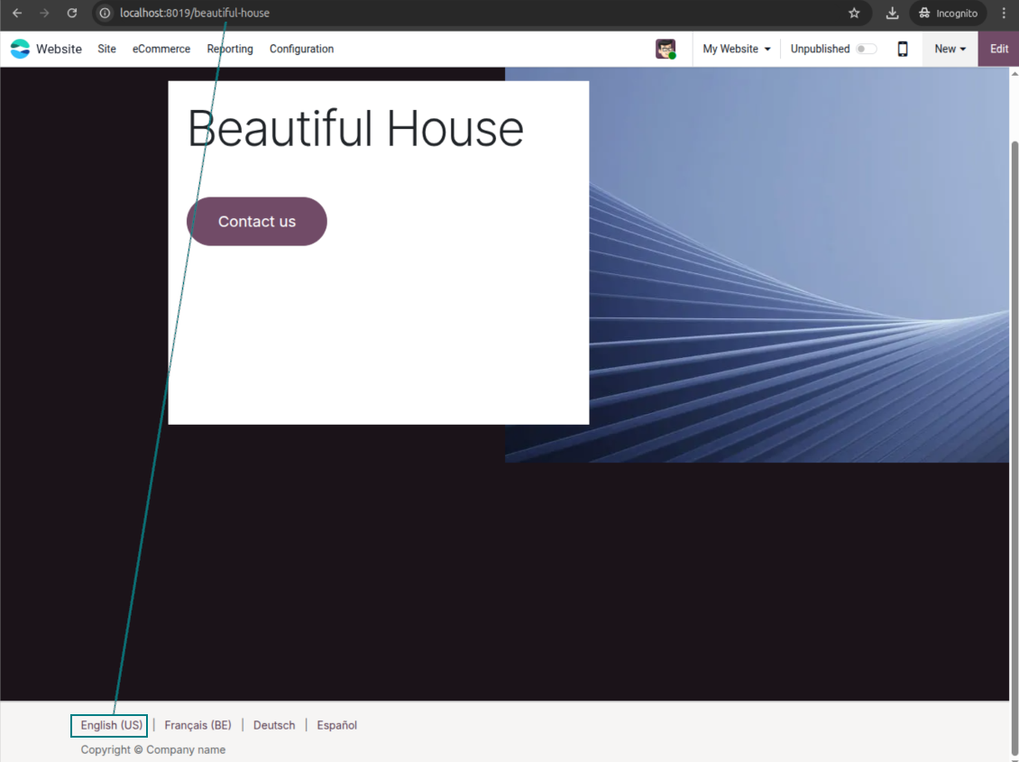 Default Odoo website page address before language-specific URL transliteration