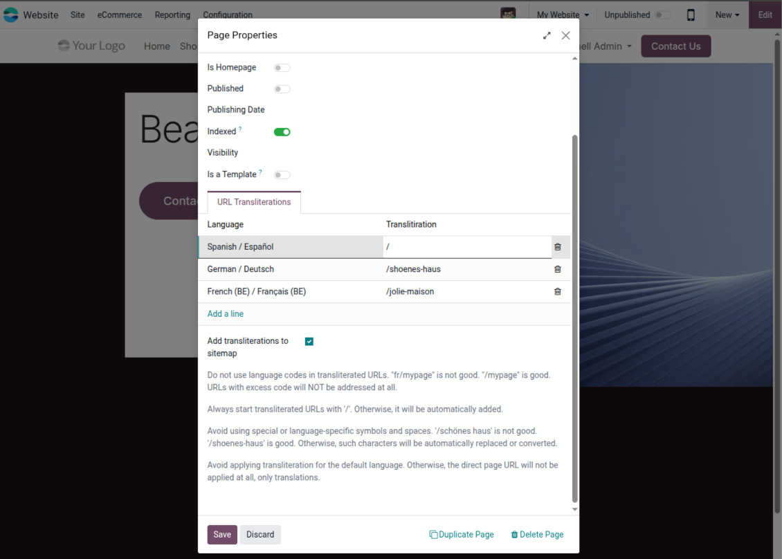 Odoo website page form with URL transliterations for installed languages