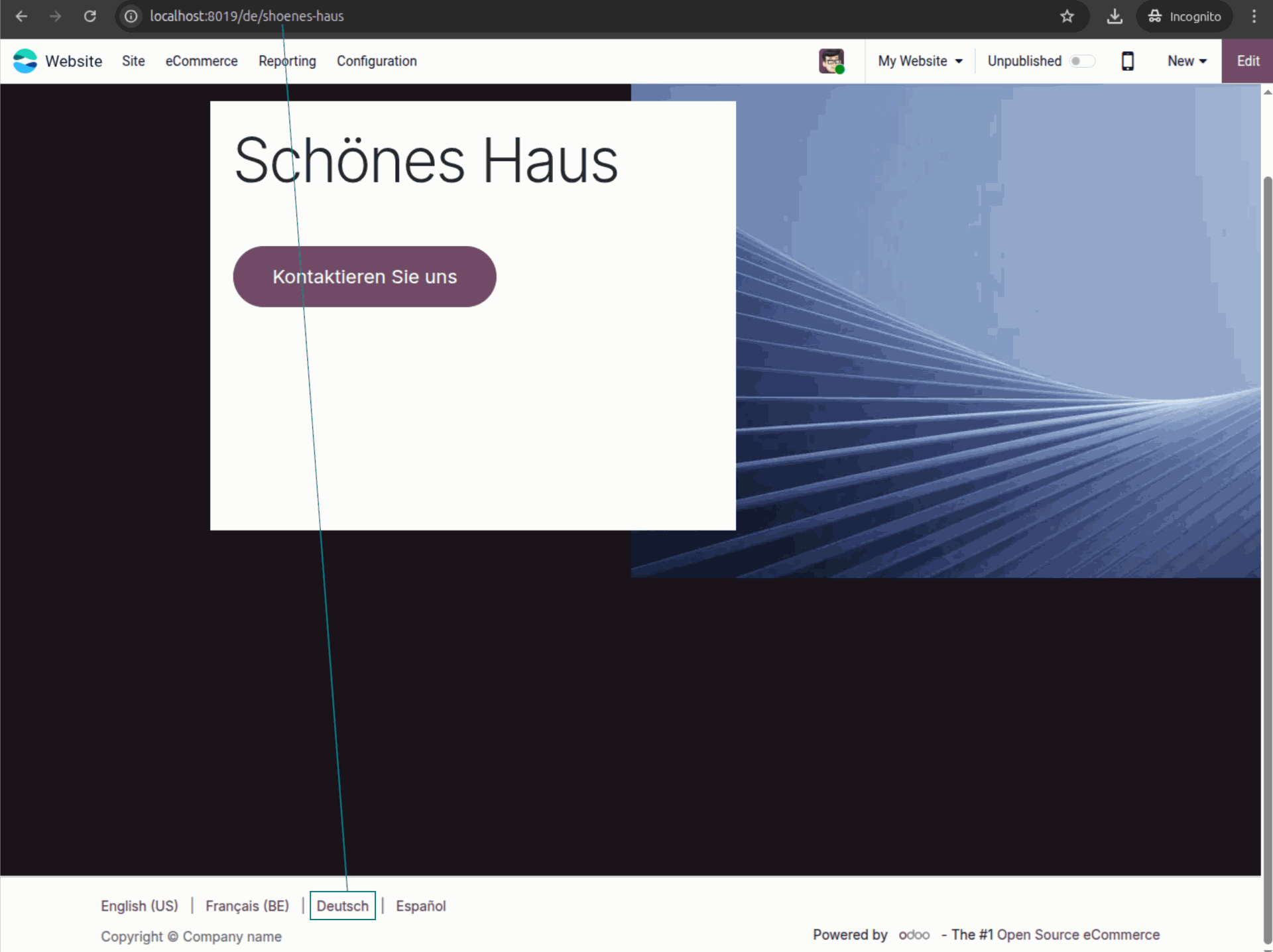 Language-specific Odoo website page address shown after selecting another website language
