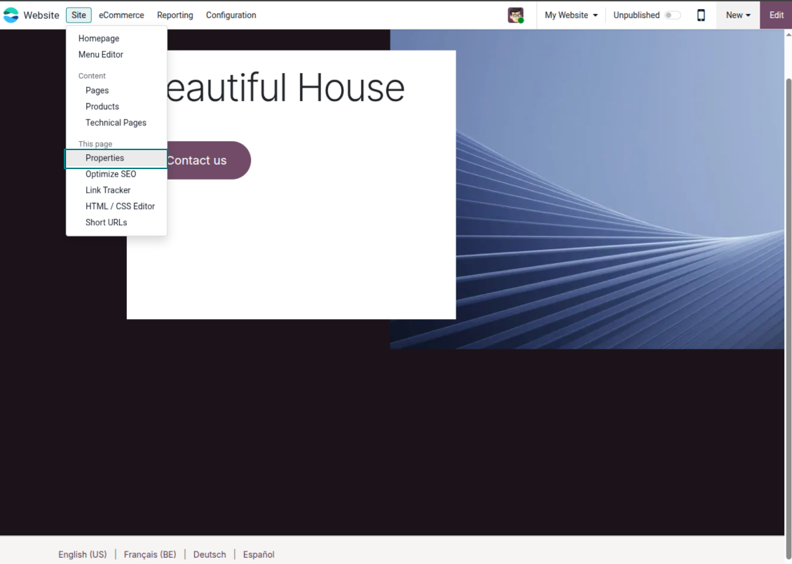 Odoo website page properties opened on the URL Transliterations tab to add localized page URLs