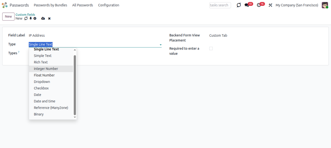 Defining a no-code custom field for the Odoo Password Manager vault
