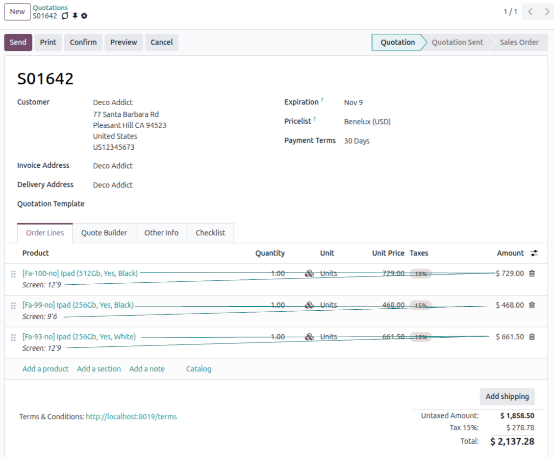 Odoo sales order line showing the variant price recalculated in real time from attribute coefficients and extras